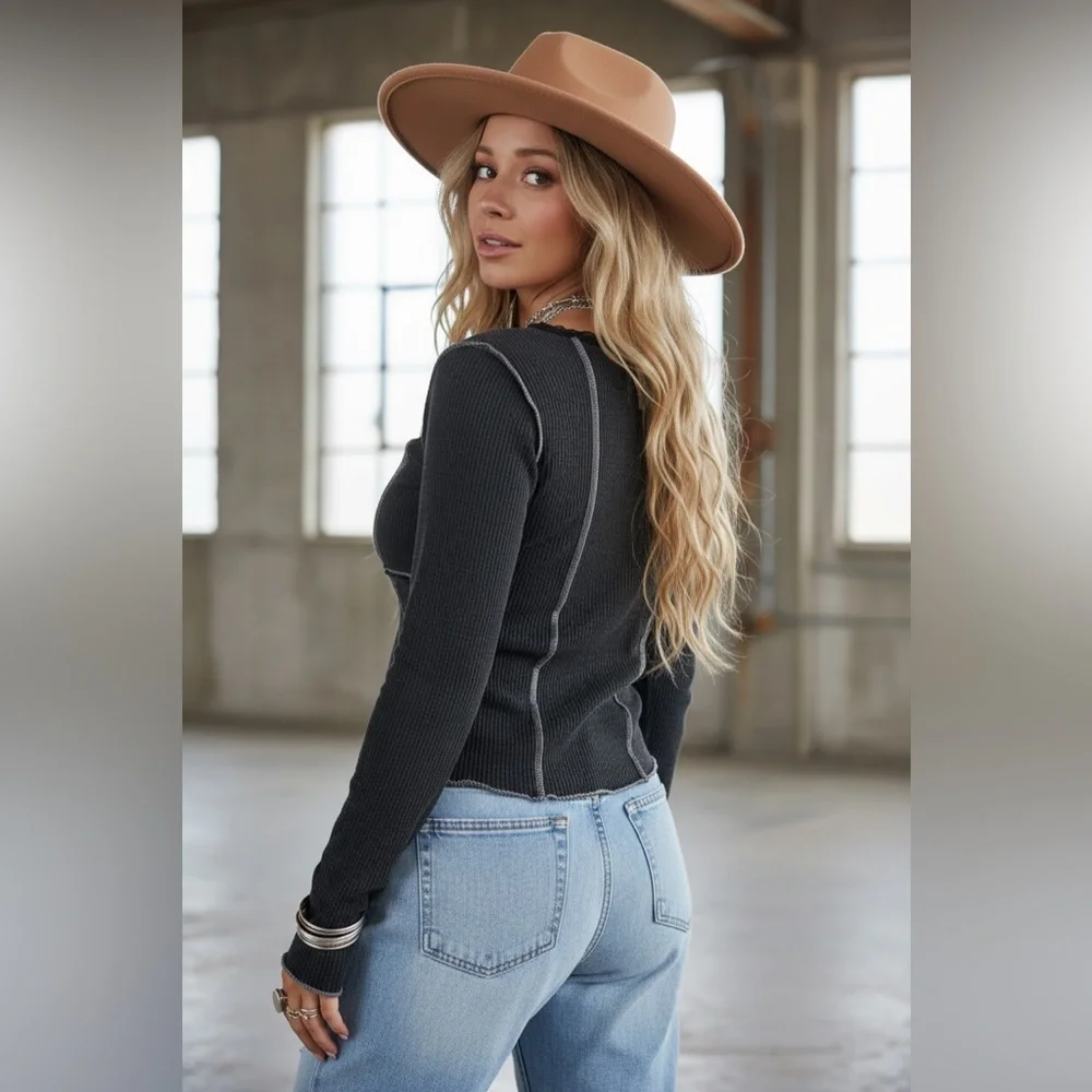 NWT POL Exposed Seam Butterfly Patch Boho Washed Black Long Sleeve Top - Picture 3 of 6